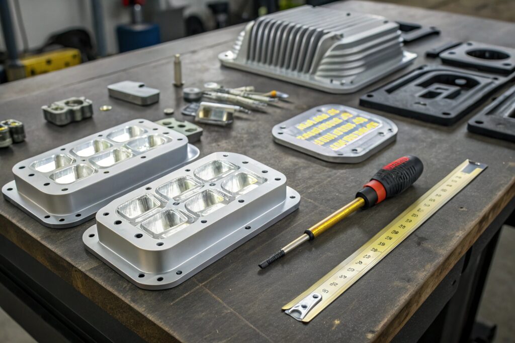 a close up of prototype molds and sample led drivi