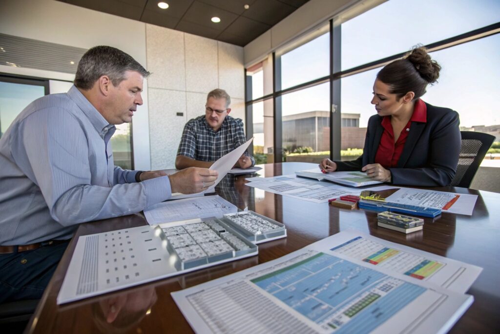 a professional business meeting between a purchasi