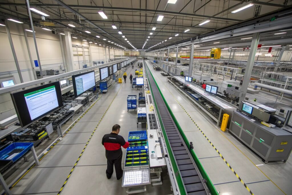 a wide angle illustration of a factory production 