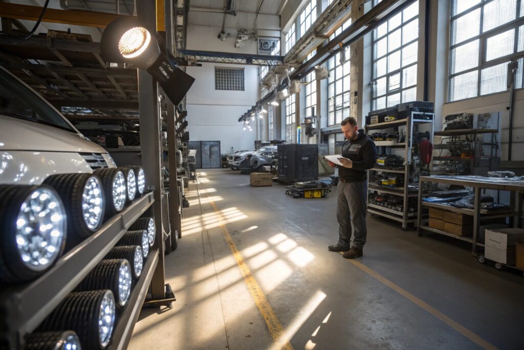 depict a factory floor or warehouse with multiple 